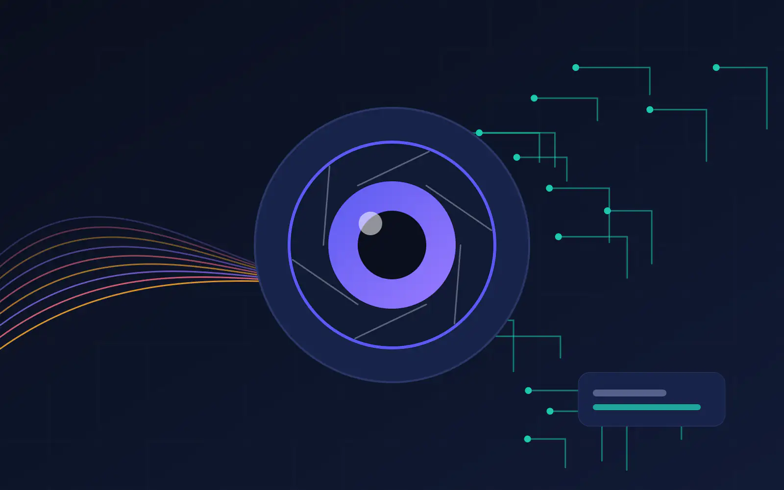 Abstract camera lens with flowing colored lines on one side and circuit traces on the other