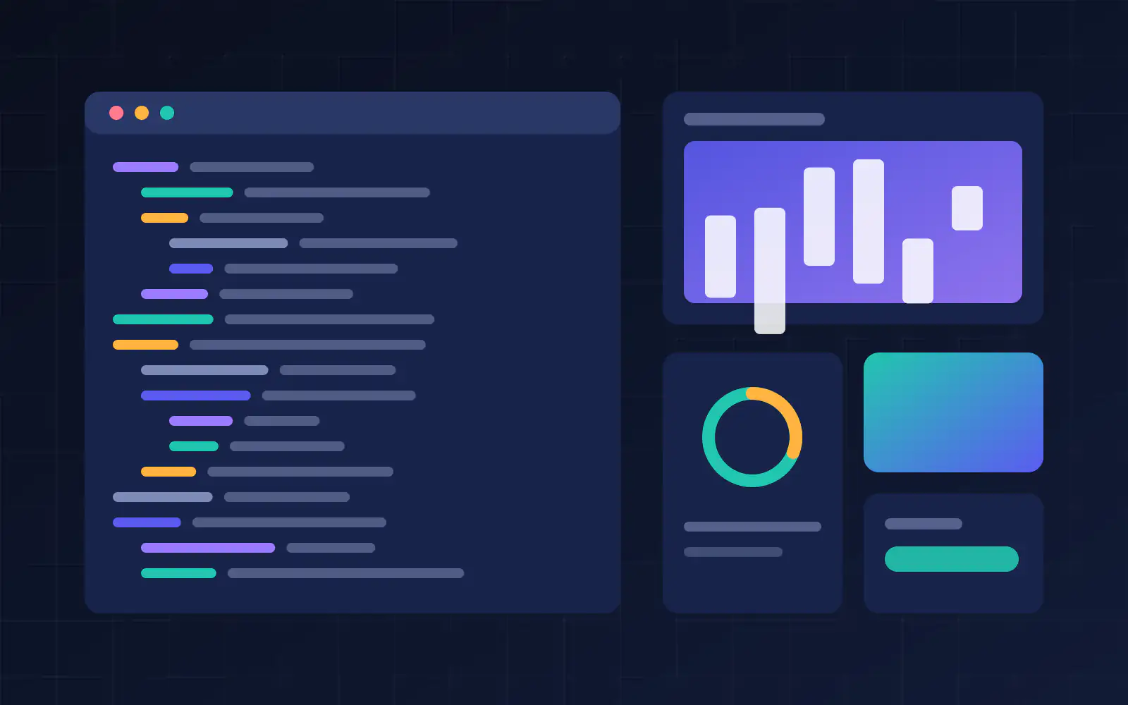 Abstract illustration of a code editor next to a product dashboard with charts