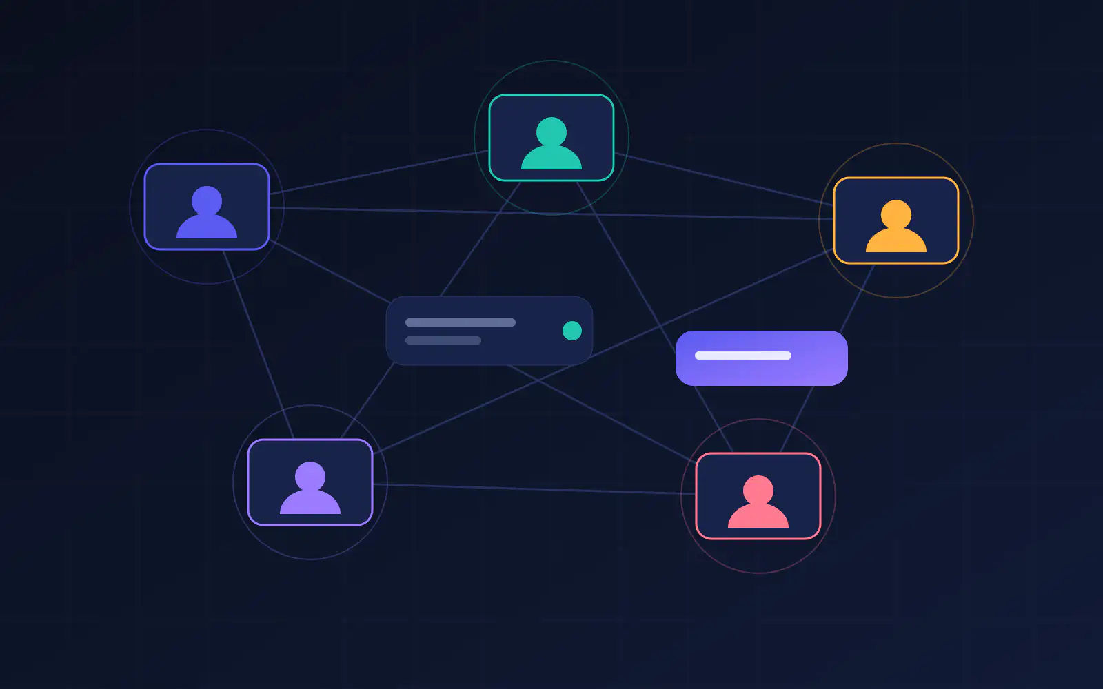 Abstract network of team member avatars connected by lines with chat bubbles